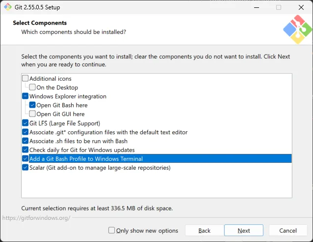 Git for Windows 2.55 component selection screen