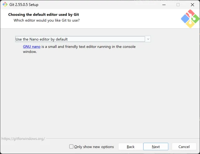 Git for Windows default editor screen with Nano selected