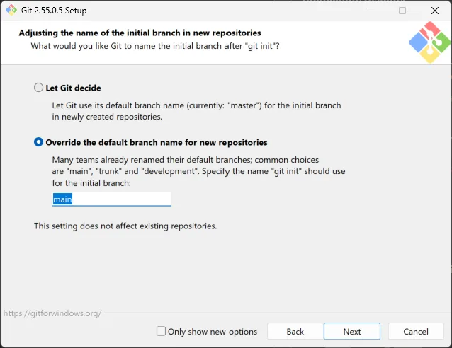 Git for Windows initial branch configuration screen