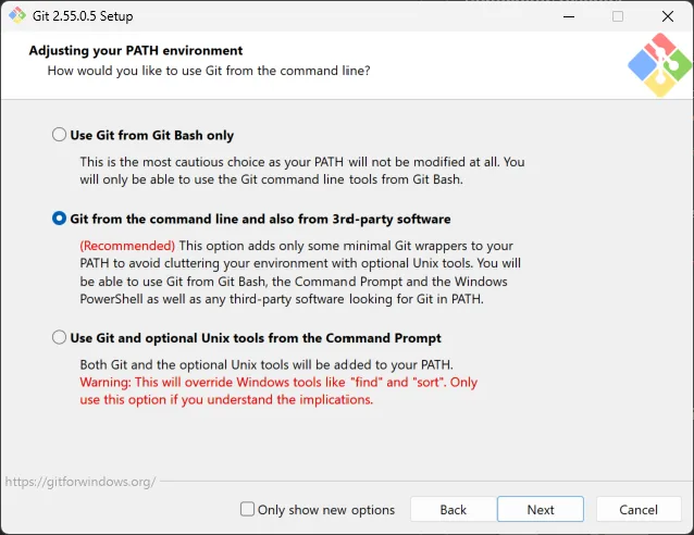 Git for Windows PATH screen with command-line and third-party software selected