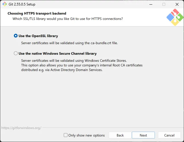 Git for Windows HTTPS transport screen with OpenSSL selected