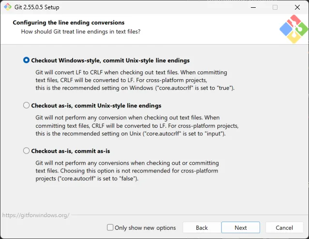 Git for Windows line-ending screen with Windows checkout and Unix commit selected