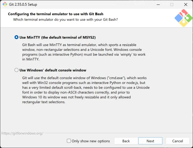 Git for Windows terminal emulator screen with MinTTY selected