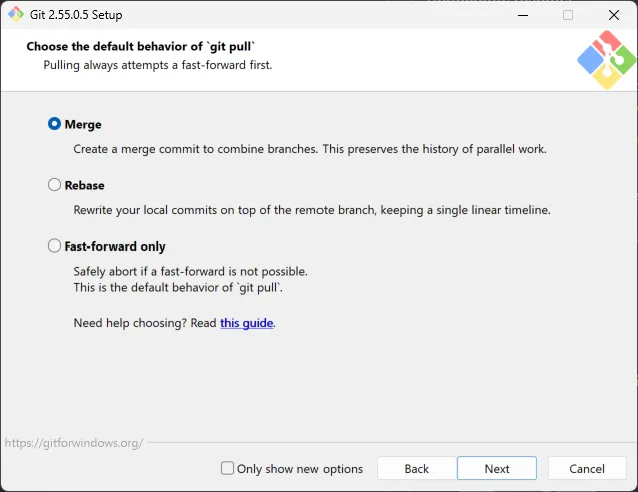 Git for Windows pull behavior screen with Merge selected