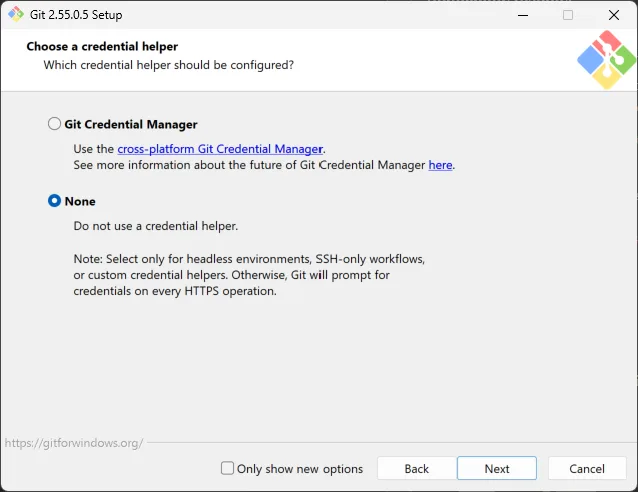 Git for Windows credential helper screen with None selected