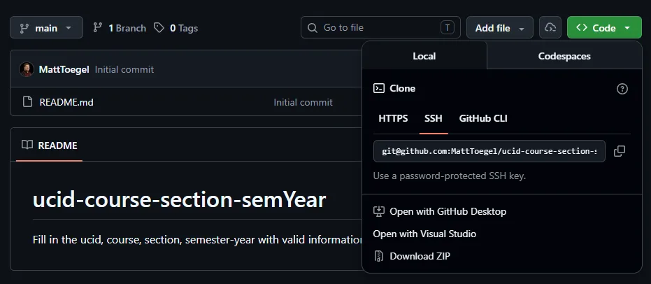 GitHub repository Code menu with SSH clone URL selected