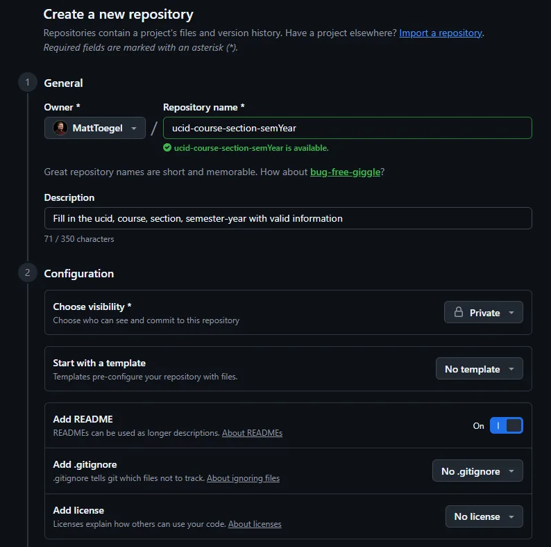 GitHub new repository form