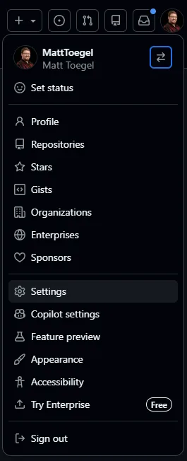 GitHub profile menu with Settings highlighted