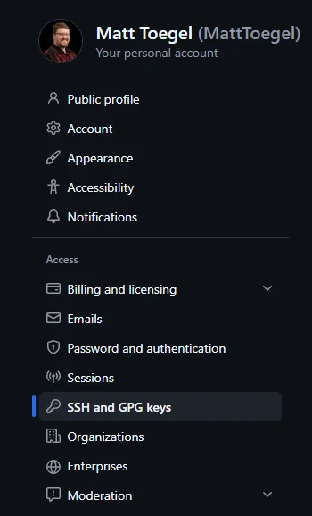 GitHub Settings sidebar with SSH and GPG keys highlighted