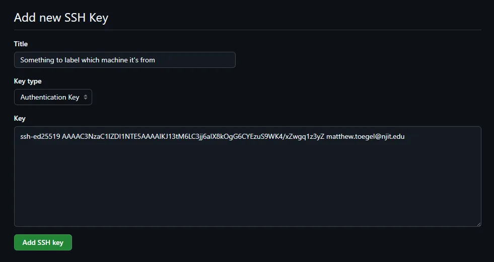 GitHub Add new SSH key form